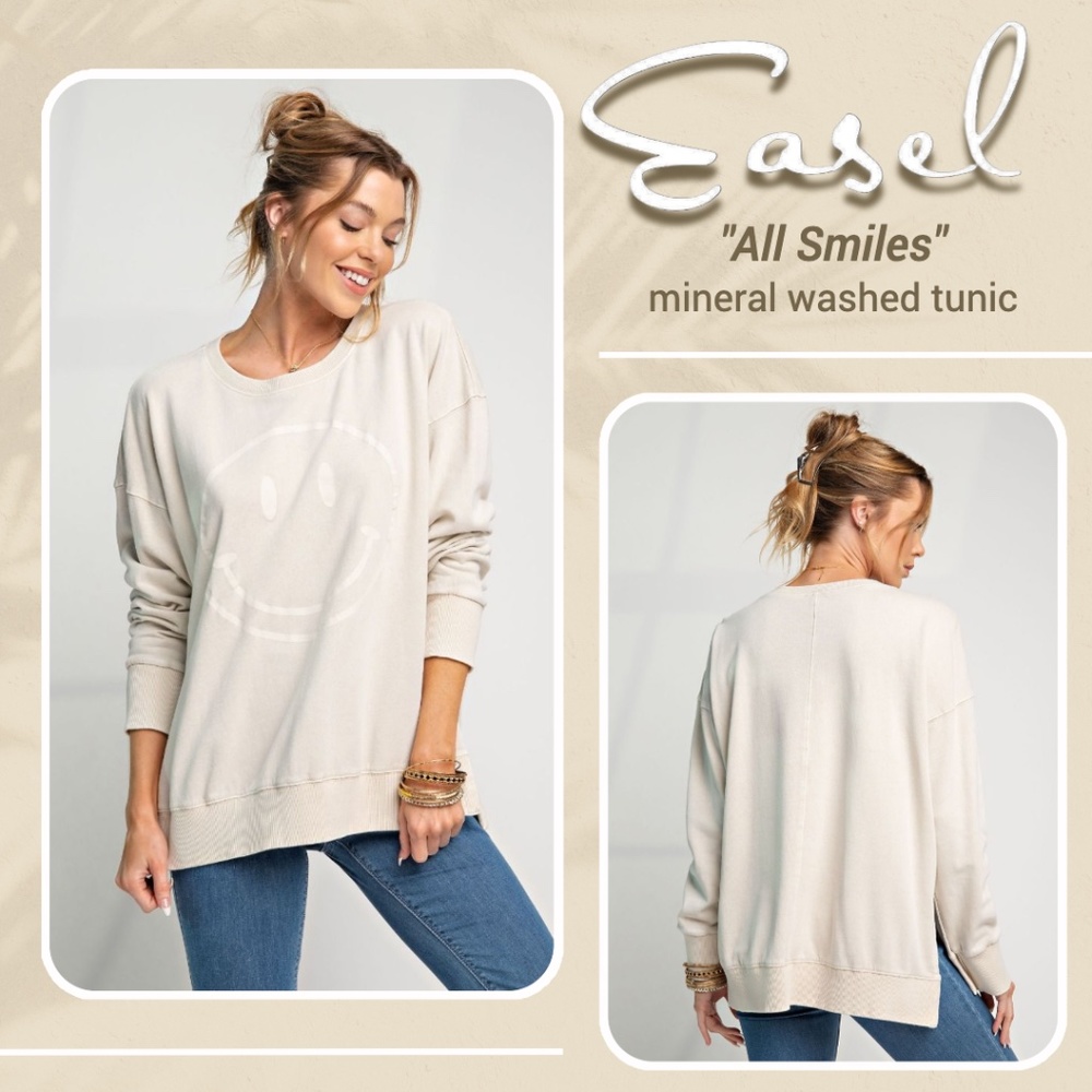 EASEL "All Smiles" 100% Cotton Mineral Washed Cute Smiley Face Tunic, Side Slits